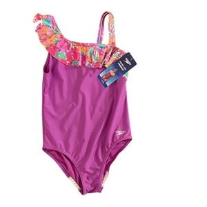 Speedo Girls Purple Floral One Shoulder One Piece Swimsuit Size 14‎ 16